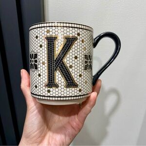 Anthropologie Bistro Margot Mosaic Tile Coffee Mug Monogram K White Black Gold